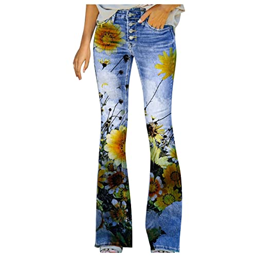 Schlagjeans Jeanshosen Damen Elegant Stretch Skinny Schlaghose Flared Hose Casual Hohe Taille Jeans Mode Blumen Drucken Hose Weites Bein Retro Stil Denim Pants(F Gelb,XXL) von Generic