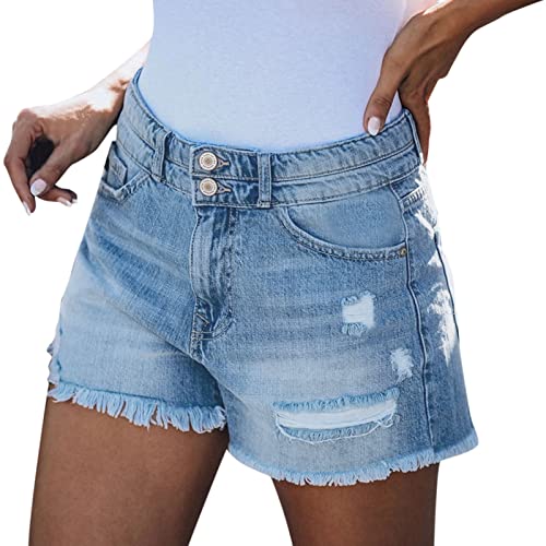 Generic Shorts Damen Sommer Kurze Hose Boyfriend Jeans Damen High Waist Denim -Shorts Basic Stretch Shorts Crimpen Hotpants Retro Zerrissen Denim Kurz Jeanshose (Hellblau-14, M) von Generic
