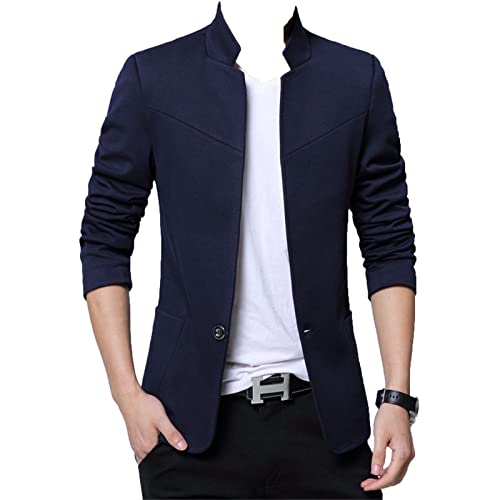 Generic Slim Fit Stehkragen Anzugsjacke für Herren Fester Lässigerr Einreihiger Sportmantel mit Einem Knopf Klassischer Bequemer Blazer (Blau,XXL) von Generic