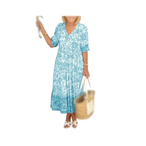 Generic Sommer-Bohème-Kleid mit V-Ausschnitt, Bohème-Kleid mit lässigem Print, V-Ausschnitt, Geraffter Taille, Bohème-Kleid in Übergröße (Azure,L) von Generic