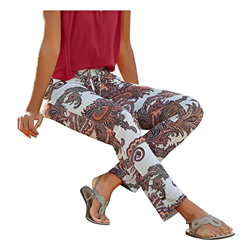 Generic Sommerhose Damen Leicht Boho Strandhose Damen Lange Haremshose Schlupfhose mit Taschen Blumen Straight Bein Hose Freizeithose Damen Sommer Stoffhose Jogginghose von Generic