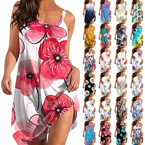 Generic Sommerkleid Damen Ärmellos Kurz Kleid Boho Knielang Kleid Blumen MiniKleid Sommer Elegant Leicht Sexy A-Linie Kleid Strandkleid Freizeitkleid Bohemian Trägerkleid Tunika Tshirt Kleider von Generic