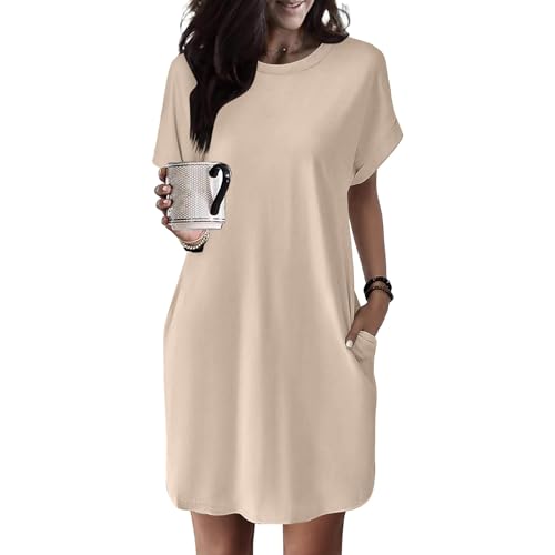 Generic Sommerkleid Damen Knielang - T Shirt Kleid Damen Kurzarm Strandkleid Sommer Tunika Kleider Elegant mit Taschen Rundhals Lockerer Einfarbig Weich Shirtkleid Midikleid Freizeitkleid für Fauen von Generic