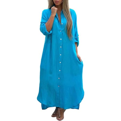 Generic Sommerkleid Damen Lang Leinen Kleider Elegant Langarm Blusenkleid Maxi Kleider Leinenkleid Damen Sommer Strandkleid Hemdblusenkleid Blusenkleid Locker Casual Freizeitkleid Strandkleider von Generic