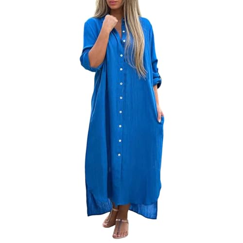 Generic Sommerkleid Damen Lang Leinen Kleider Elegant Langarm Blusenkleid Maxi Kleider Leinenkleid Damen Sommer Strandkleid Hemdblusenkleid Blusenkleid Locker Casual Freizeitkleid Strandkleider von Generic