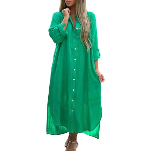 Generic Sommerkleid Damen Lang Leinen Kleider Elegant Langarm Blusenkleid Maxi Kleider Leinenkleid Damen Sommer Strandkleid Hemdblusenkleid Blusenkleid Locker Casual Freizeitkleid Strandkleider von Generic