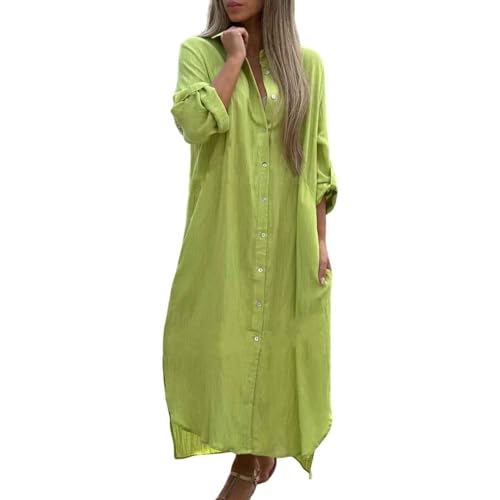 Generic Sommerkleid Damen Lang Leinen Kleider Elegant Langarm Blusenkleid Maxi Kleider Leinenkleid Damen Sommer Strandkleid Hemdblusenkleid Blusenkleid Locker Casual Freizeitkleid Strandkleider von Generic