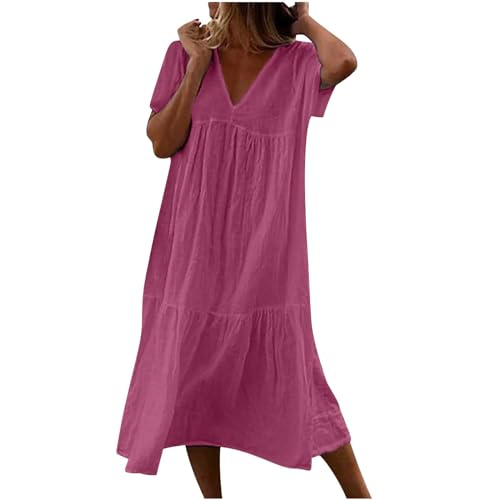 Generic Sommerkleid Damen Leinen Kleider V-Ausschnitt Kurzarm Baumwollkleid Maxikleid Tunika Einfarbig Lockeres und Leichtes Leinenkleid Freizeitkleider A-Linien Elegant Freizeitkleid von Generic