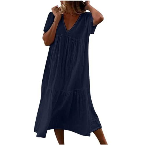 Generic Sommerkleid Damen Leinen Kleider V-Ausschnitt Kurzarm Baumwollkleid Maxikleid Tunika Einfarbig Lockeres und Leichtes Leinenkleid Freizeitkleider A-Linien Elegant Freizeitkleid von Generic