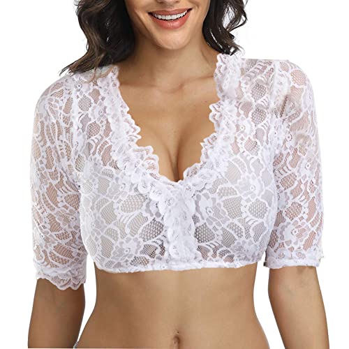 Generic Spitze Dirndlbluse Halbarm Weiß Sexy Dirndl Bluse Rundhals Damen Trachtenbluse, M von Generic