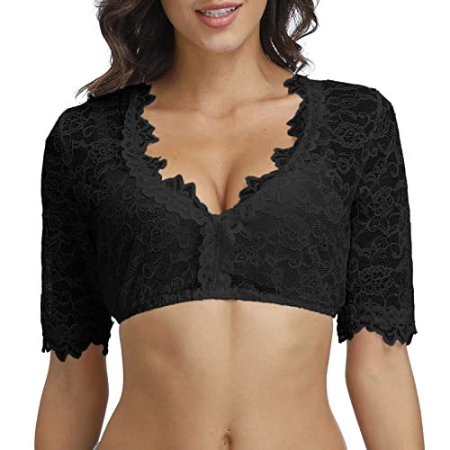 Spitze Dirndlbluse Halbarm Weiß Sexy Dirndl Bluse Rundhals Damen Trachtenbluse von Generic