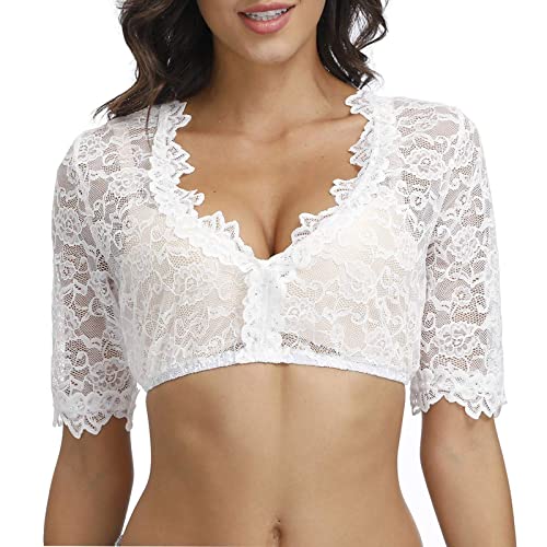 Spitze Dirndlbluse Halbarm Weiß Sexy Dirndl Bluse Rundhals Damen Trachtenbluse von Generic