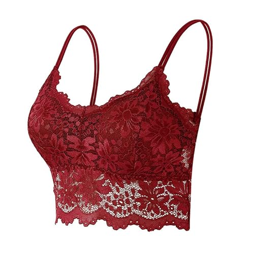 Generic Spitzen-Bralette für Damen Sexy V-Ausschnitt Comfort Bra Durchsichtige BHS aus einfarbiger Spitze Bandeau-BH ohne Bügel (Weinrot,S) von Generic