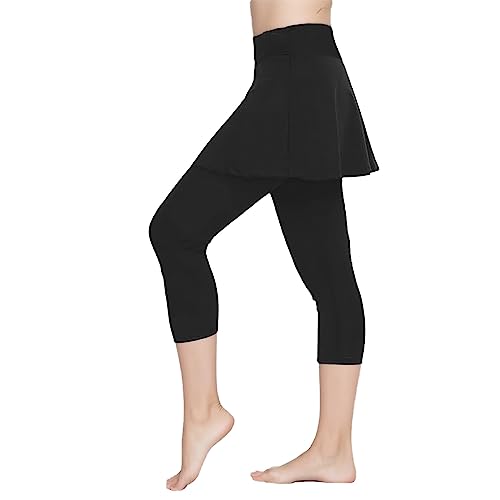 Generic Sport Leggings Damen Yoga Hose mit Rock 3/4 Trainingshose Hosenrock Mädchen Sportleggings High Waist Strumpfhose Einfarbig Jogginghose Laufhose Pants von Generic