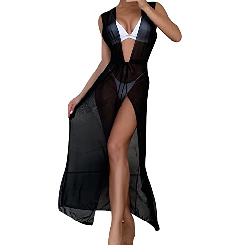 Generic Strandponcho Damen Große Größen - Strandkleid Damen Sexy Transparent - Chiffon Maxikleid - Bikini Lang Schwarz - Sarong Tuch Kleid - Pareos & Strandkleider - Mit Schlitz Durchsichtiges Leicht von Generic