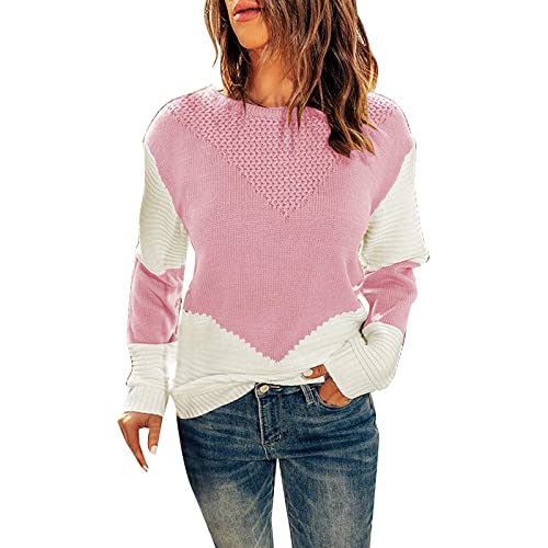 Strickpullover Damen Winter Streifen Drucken Pullover Casual Stricken Sweater Pulli Sweatshirt Elegant Jumper Rundhals Lange Ärmel Lose Oberteile Outwear für Frauen(C Rosa,XXL) von Generic