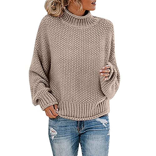 Strickpullover Damen Oversize Loose Pullover Grobstrick Winterpullover Strickpulli Sweater Elegant Rundhals Langarm Pulli Lose Einfarbig Pullover Stricken Oberteil Strickpulli(C Khaki,L) von Generic