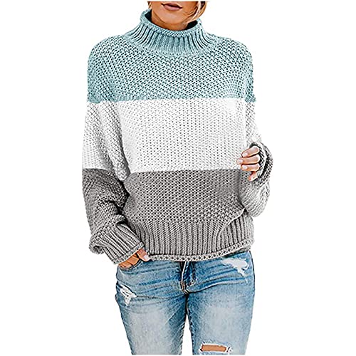Strickpullover Damen Winter Rollkragen Oversized Fledermaus Langarm Sweatshirt Lose Grobstrick Casual Lose Colorblock Patchwork Langarm Pulli Sweater Oberteile Strickpulli(B Blau,S) von Generic