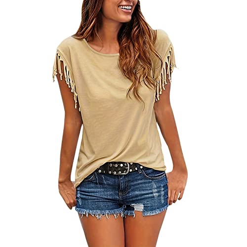 Generic T Shirt Damen Kurzarm mit Fransen - Oberteile Damen Sommer Bluse Slim Fit Western Mode Tunika Top Einfarbig Boho Tshirt Strand Urlaub T-Shirts von Generic