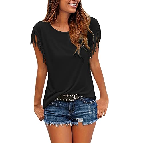 Generic T Shirt Damen Kurzarm mit Fransen - Oberteile Damen Sommer Bluse Slim Fit Western Mode Tunika Top Einfarbig Boho Tshirt Strand Urlaub T-Shirts von Generic