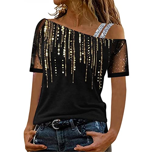 Generic T-Shirt Damen Schulterfrei Oberteile Sexy Glitzer Langarmshirt Mode Langarm Shirt Bluse Tops Tunika Elegant Einfarbig Pullover Jumper Herbst Winter Spitze Streetwear Laufshirt, Y7-gold, XXL von Generic