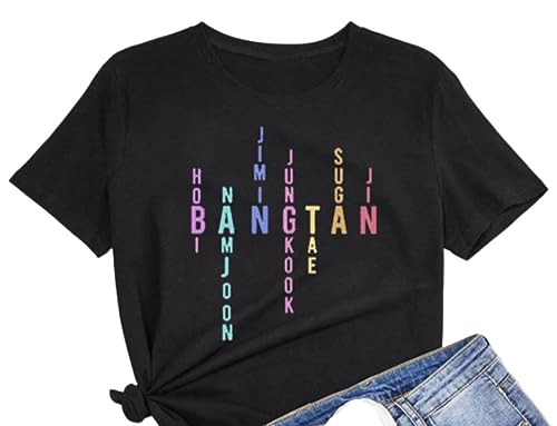 Generic T-Shirts für B-TS Frauen Ärmel Mitglied Name Brief gedruckt T-Shirt Merchandise für Kpop Merch, Schwarz, X-Groß von Generic