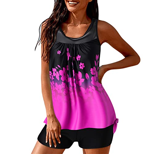 Tankini Damen Bauchweg Bademode Set Zweiteilig Push up mit Bikinislip Top Sport Tankini Badeanzug Sommer Badeanzüge für Damen Tankini Oberteil mit Badeshorts(E Pink,XXL) von Generic