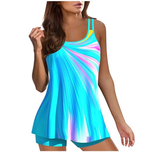 Generic Tankini Damen Bauchweg Mehrfarbig Tankini Set Push Up mit Oberteile Badeshorts Badeanzug Beachwear Zweiteiler Bedruckter mit Slip, Hotpants High Waist Swimsuit (240422A-Light Blue, XXXL) von Generic