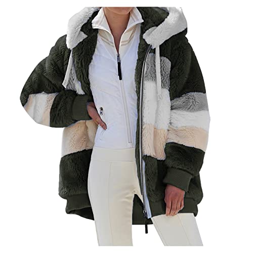 Generic Teddyfleece Jacke Damen Kuscheljacke Damen Flauschig Teddy Fleecejacke Lang Kuschelfleece Mädchen Plüschmantel Teddy Winterjacke mit Kapuze Kuschelige Sweatjacke mit Teddyfutter, Armeegrün von Generic