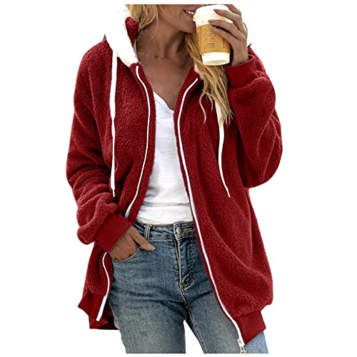 Teddyfleece Jacke Damen Kuscheljacke Damen Flauschig Teddy Fleecejacke Lang Kuschelfleece Mädchen Plüschmantel Teddy Winterjacke mit Kapuze Kuschelige Sweatjacke mit Teddyfutter von Generic