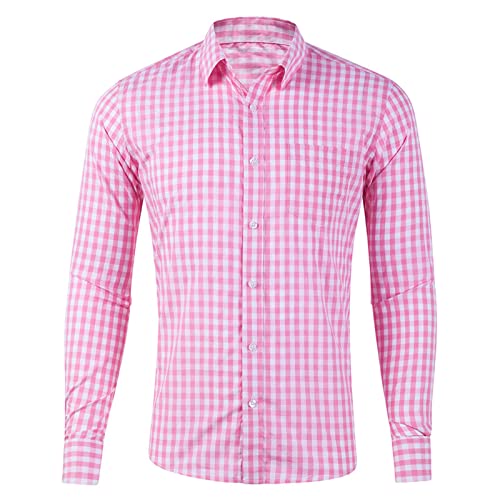 Trachtenhemd Slim fit Herren kariert Hemd Freizeithemd Langarmhemd Hemd Bestickt Baumwolle - für Oktoberfest, Karneval, Business, Freizeit (Rosa, L) von Generic