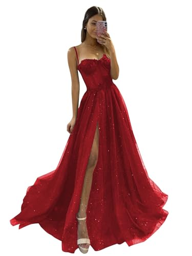 Generic Tüll-Abschlussballkleider Lange Glitzer-Spaghetti-Träger Partykleid Sweetheart A-Linie Formale Abendballkleider mit Schlitz Red S von Generic
