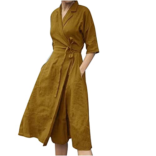 Tunika Hemdkleid Damen Vintage Taschen Sommerkleid Midi Lang Freizeitkleid Halben Ärmeln Leinenkleid Elegant Reverskleid Einfarbiges Businesskleid V Ausschnitt Wickelkleid Locker Strandkleid von Generic