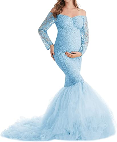 Generic Umstands Meerjungfrau Tüllkleid Schulterfrei Herzförmig Einfacher Stil Langärmlig Spitze Babyparty Foto Shooting Maxikleid (Color : SKY BLUE, Einheitsgröße : L) von Generic