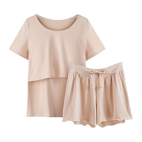 Generic Umstands Pyjama Sommer Pyjamas Ärmel Nachtwäsche Stillen Frauen Hemd und Set T Baby Mutterschaft Tops Kurze Hosen Mutterschaft Schlaf & (Khaki, L) von Generic
