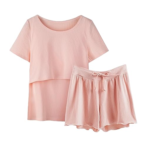Generic Umstands Pyjama Sommer Pyjamas Ärmel Nachtwäsche Stillen Frauen Hemd und Set T Baby Mutterschaft Tops Kurze Hosen Mutterschaft Schlaf & (Pink, M) von Generic
