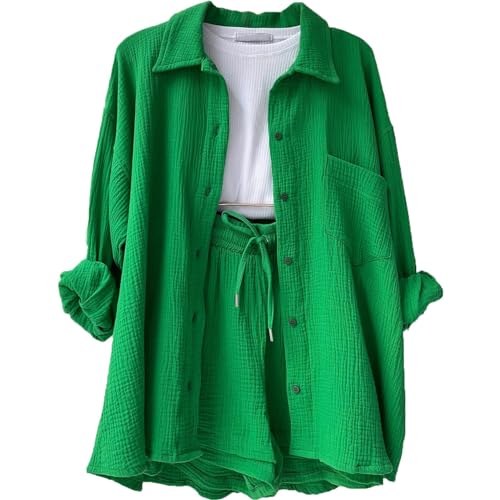 Generic Vacation Outfits Women Elegant Sets Sport Set Damen Damen Outfit Elegant Sommer Outfits Damen Elegantes Outfit Musselin Bluse Damen Oversized Vintage Clothes Damen Shorts Sommer（1-Green,S von Generic