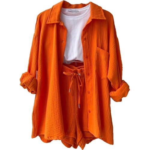 Vacation Outfits Women Kleidung Y2k Musselin Zweiteiler Damen Sport Oberteil Damen Oversize 2 Teiler Casual Outfit Damen Musselin Damen Jogger Set Damen Trainingsanzug Damen Set（1-Saffron,XXL von Generic