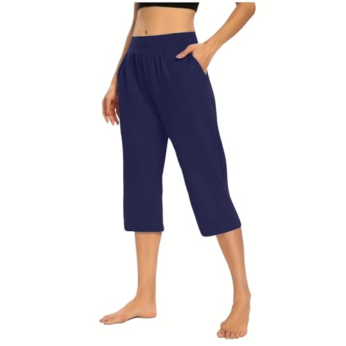 Generic Warehouse Deals Angebote Caprihose Damen Sommer Leicht Capri Hosen Sommerhose mit Taschen Einfarbig Jogginghose Elastische Taille 3/4 Hose Weite Bein Sporthose Lässig Trainingshose Sport von Generic