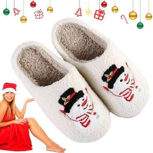 Generic Weihnachts-Schneemann-Hausschuhe | Fuzzy Slipper Damen Cartoon Indoor Warme Hausschuhe,Leichte, warme, rutschfeste Damen-Weihnachtshausschuhe als Geschenk für Mädchen von Generic