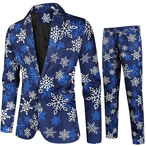 Weihnachtsanzüge Herren Set 3 Teilig Slim Fit Verschiedene Drucke Festlich Weihnachten Sakko Blazer Partyanzug Anzugjacke + Anzughose + Weste Set (Blue, XXL) von Generic