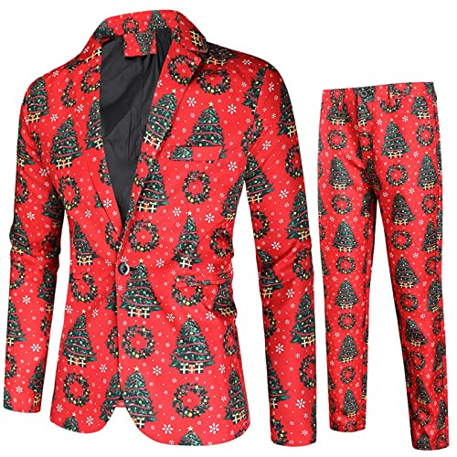 Weihnachtsanzüge Herren Set 3 Teilig Slim Fit Verschiedene Drucke Festlich Weihnachten Sakko Blazer Partyanzug Anzugjacke + Anzughose + Weste Set (Red, XXL) von Generic