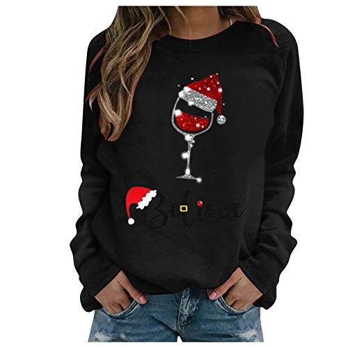Generic Weihnachtspullover Damen Weihnachten Pullover Große Größen Langarm Rundhals Sweatshirt Winter Weihnachtsthema Sweater Bluse Lockerer Winterpullover Oberteile, M, Schwarz von Generic