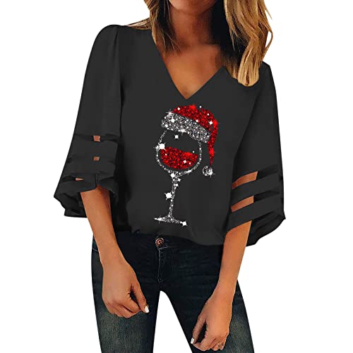 Generic Weihnachtsshirt Damen, Weihnachtspullover Damen Elegant Langarmshirt V-Ausschnitt Mesh Weihnachten Shirt Pullover Lustig Weinglas Casual Merry Christmas Tunika Bluse Oberteile Tops T-Shirt von Generic