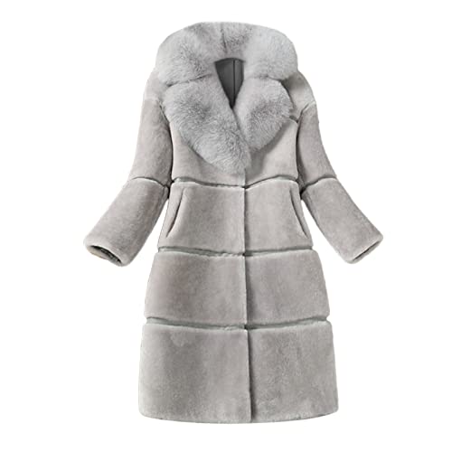 Generic Winterjacke Damen Oversize Kunstpelz Mantel Damen Winter Warm Faux Fur Kunstfell Jacke Lang Pelzmantel Elegant Einfarbig Felljacke Damenmantel Winterjacke mit Tasche, Grau, 4XL von Generic