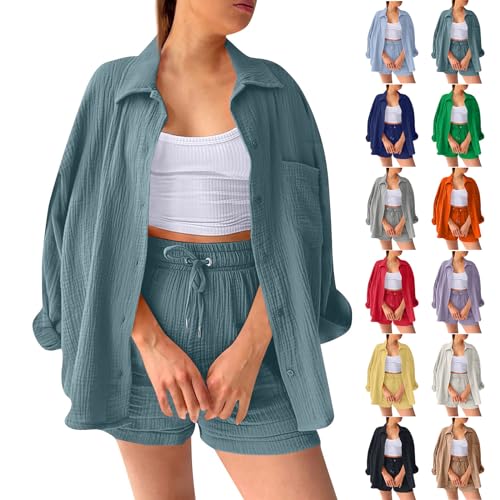 Party Outfit Elegant Kleidung Damen Komplett Outfit Damen Set Musselin 2 Teiler Zweiteiler Damens Two Piece Set Women Musselin Bluse Oversize Shirt (3-blue, XL) von Generic