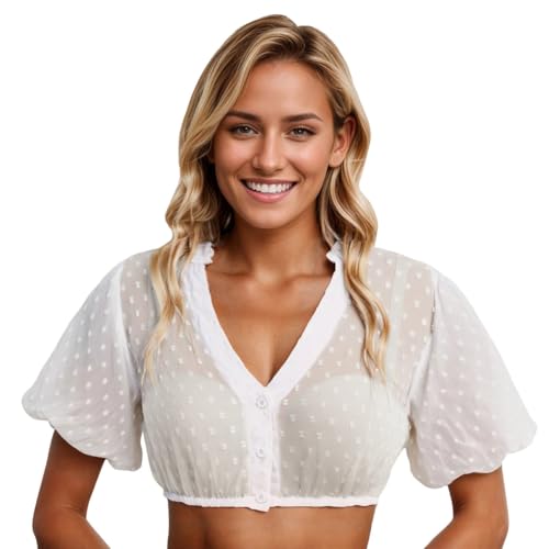 Generisch Damen Dirndlbluse Elegante Ballonärmel Dirndl Bluse V-Ausschnitt Lochstickerei Trachtenbluse von Generic