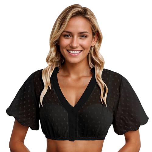 Generisch Damen Dirndlbluse Elegante Ballonärmel Dirndl Bluse V-Ausschnitt Lochstickerei Trachtenbluse von Generic