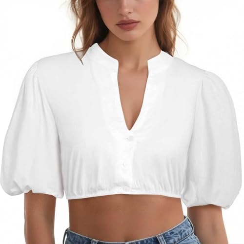 Generisch Damen Dirndlbluse Elegante Ballonärmel Dirndl Bluse V-Ausschnitt Lochstickerei Trachtenbluse von Generic