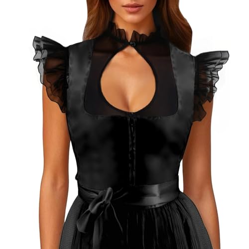 Generisch Damen Dirndlbluse Elegante Ballonärmel Dirndl Bluse V-Ausschnitt Lochstickerei Trachtenbluse von Generic